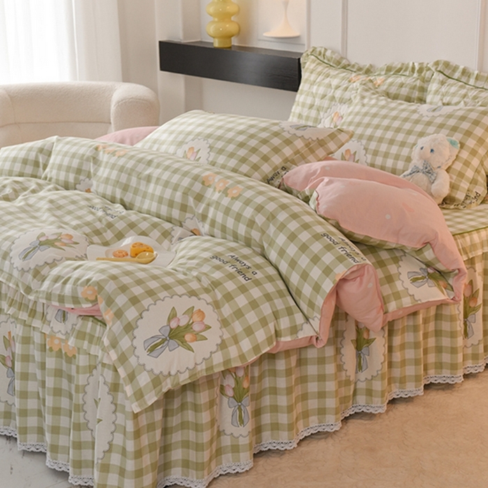 91家纺网 家纺一手货源 找家纺 美达2025全棉蕾丝小花边单层床裙全棉四件套 茉彩