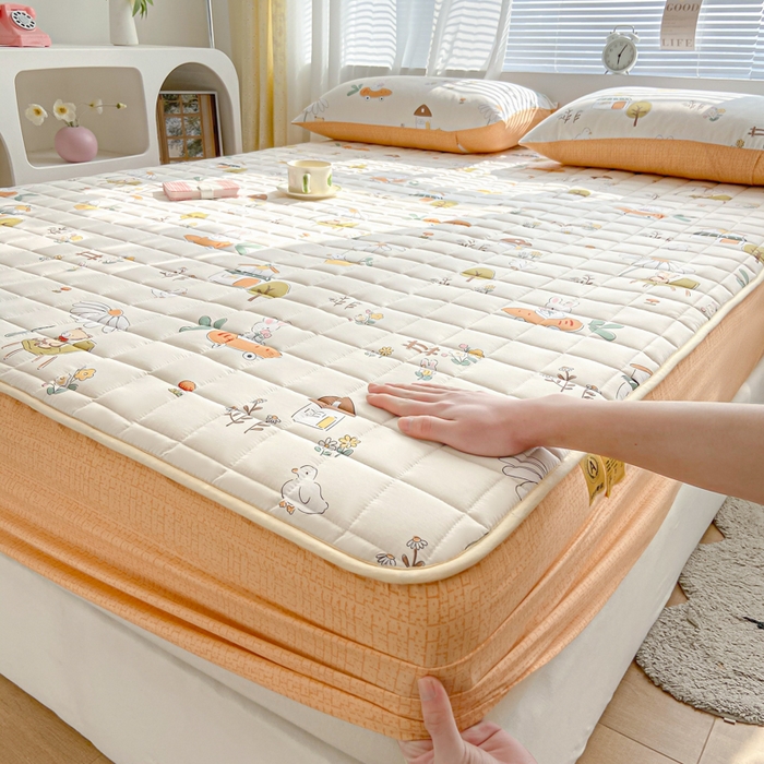 91家纺网 家纺一手货源 找家纺 鑫钰 2024新款全棉印花大豆夹棉床笠床垫保护罩 田园趣事