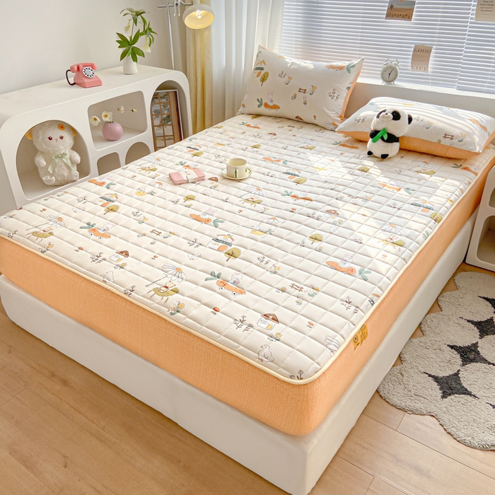 91家纺网 家纺一手货源 找家纺 鑫钰 2024新款全棉印花大豆夹棉床笠床垫保护罩 田园趣事