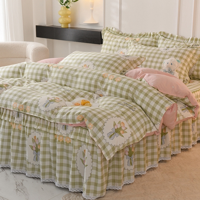 91家纺网 家纺一手货源 找家纺 美达2025全棉蕾丝小花边单层床裙全棉四件套 茉彩