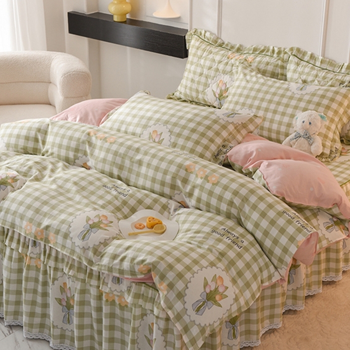 91家纺网 家纺一手货源 找家纺 美达2025全棉蕾丝小花边单层床裙全棉四件套 茉彩