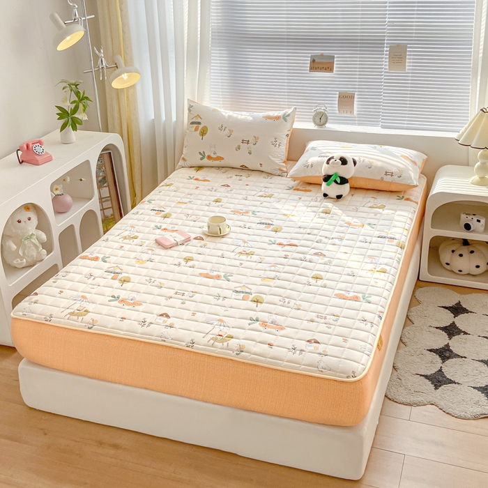 91家纺网 家纺一手货源 找家纺 鑫钰 2024新款全棉印花大豆夹棉床笠床垫保护罩 田园趣事