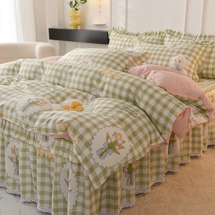 91家纺网 家纺一手货源 找家纺 美达2025全棉蕾丝小花边单层床裙全棉四件套 茉彩