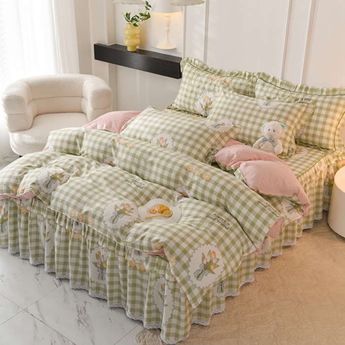 91家纺网 家纺一手货源 找家纺 美达2025全棉蕾丝小花边单层床裙全棉四件套 茉彩