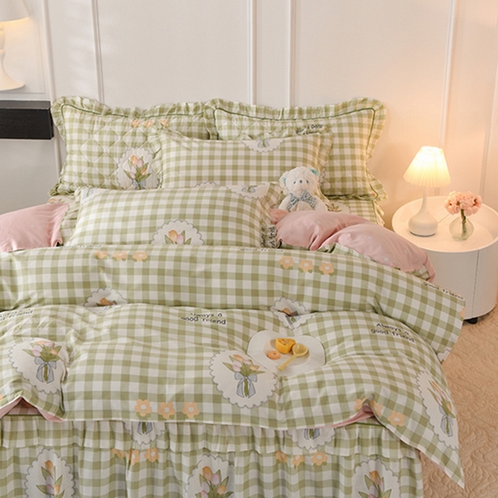 91家纺网 家纺一手货源 找家纺 美达2025全棉蕾丝小花边单层床裙全棉四件套 茉彩