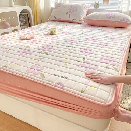 鑫钰 2024新款全棉印花大豆夹棉床笠床垫保护罩 春熙-粉