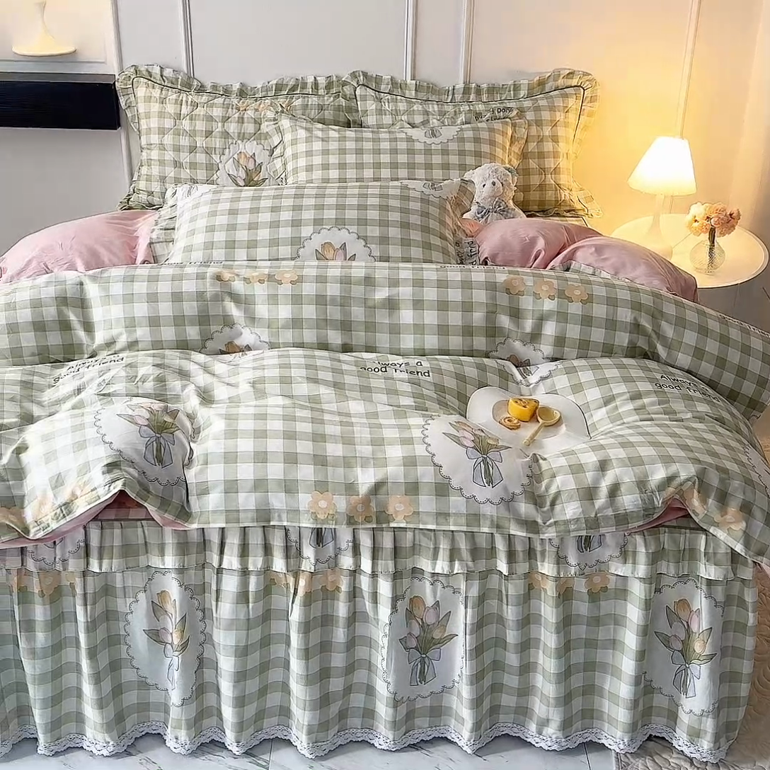 91家纺网 家纺一手货源 找家纺 美达2025全棉蕾丝小花边单层床裙全棉四件套 茉彩