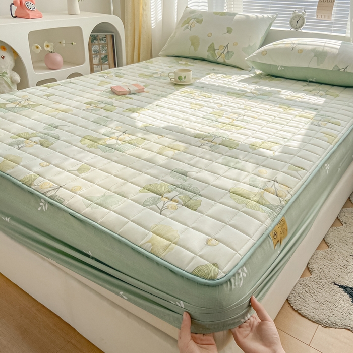 91家纺网 家纺一手货源 找家纺 鑫钰 2024新款全棉印花大豆夹棉床笠床垫保护罩 银杏叶语