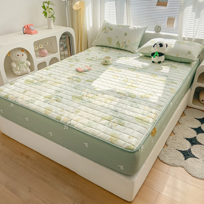 91家纺网 家纺一手货源 找家纺 鑫钰 2024新款全棉印花大豆夹棉床笠床垫保护罩 银杏叶语