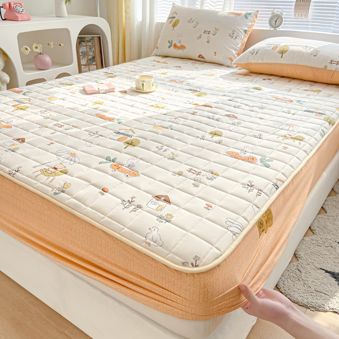 91家纺网 家纺一手货源 找家纺 鑫钰 2024新款全棉印花大豆夹棉床笠床垫保护罩 田园趣事