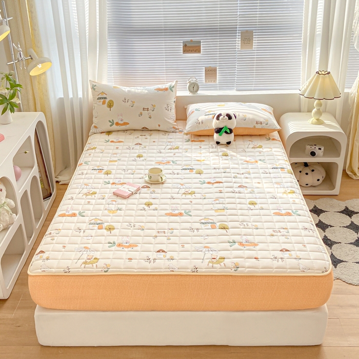 91家纺网 家纺一手货源 找家纺 鑫钰 2024新款全棉印花大豆夹棉床笠床垫保护罩 田园趣事