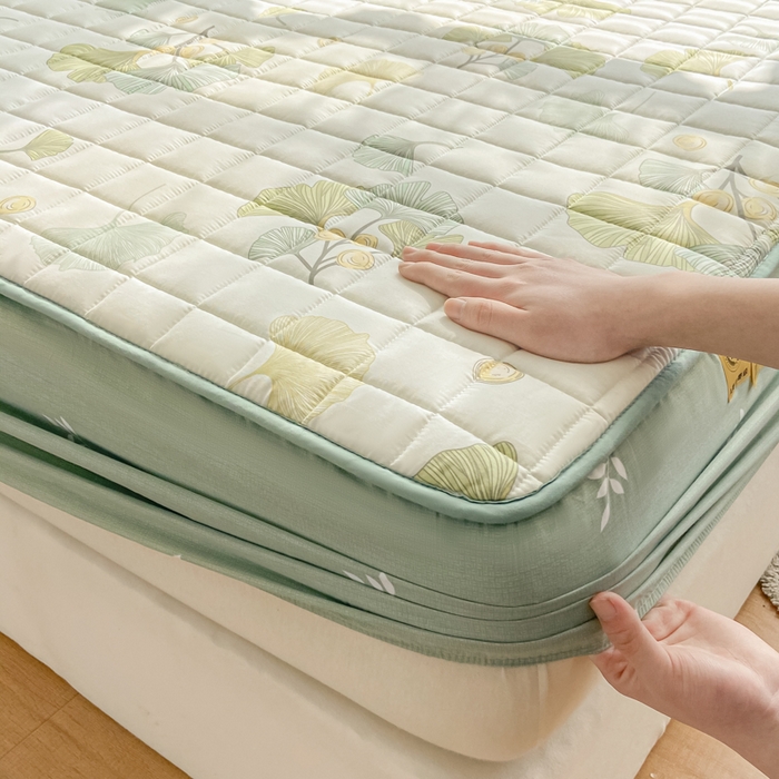 91家纺网 家纺一手货源 找家纺 鑫钰 2024新款全棉印花大豆夹棉床笠床垫保护罩 银杏叶语