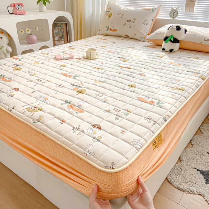 91家纺网 家纺一手货源 找家纺 鑫钰 2024新款全棉印花大豆夹棉床笠床垫保护罩 田园趣事