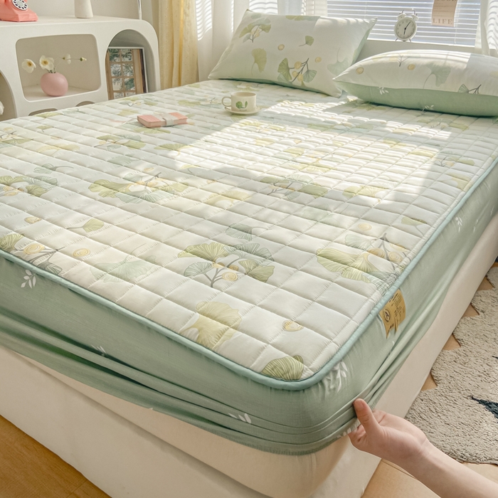 91家纺网 家纺一手货源 找家纺 鑫钰 2024新款全棉印花大豆夹棉床笠床垫保护罩 银杏叶语