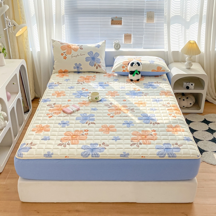 91家纺网 家纺一手货源 找家纺 鑫钰 2024新款全棉印花大豆夹棉床笠床垫保护罩 悠然花香