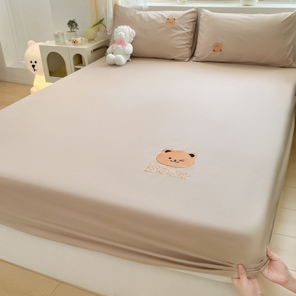 九亭家纺  2024新款熊熊系列全棉刺绣单层床笠 熊熊-卡其