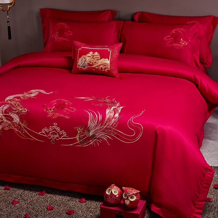 91家纺网 家纺一手货源 找家纺 晶缦家纺 2024新款亲肤舒适棉刺绣花婚庆四件套系列 龙威凤采-绣花花边床单款