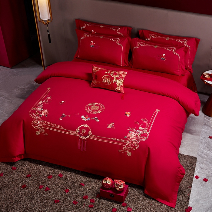 91家纺网 家纺一手货源 找家纺 晶缦家纺 2024新款亲肤舒适棉刺绣花婚庆四件套系列 百子迎亲-绣花花边床单款