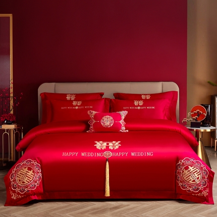 晶缦家纺 2024新款亲肤舒适棉刺绣花婚庆四件套系列 百年好合-悦-绣花花边床单款