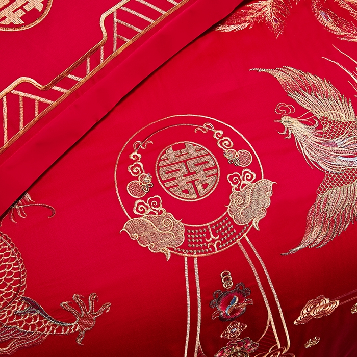 91家纺网 家纺一手货源 找家纺 晶缦家纺 2024新款亲肤舒适棉刺绣花婚庆四件套系列 龙凤祥和-悦-绣花花边床单款