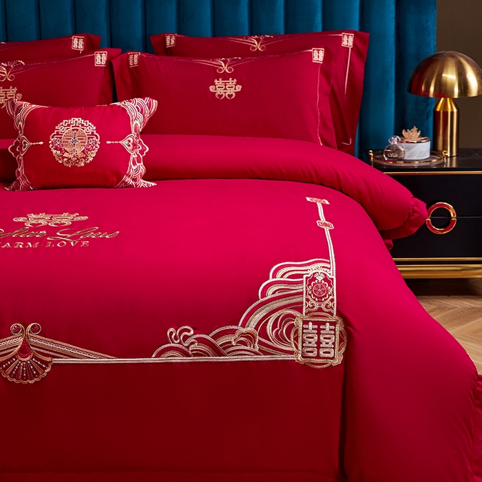 91家纺网 家纺一手货源 找家纺 晶缦家纺 2024新款亲肤舒适棉刺绣花婚庆四件套系列 喜上心头-绣花花边床单款