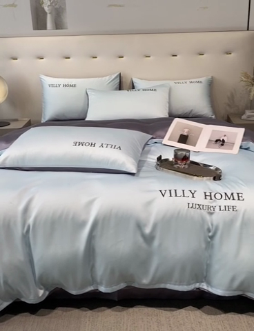 91家纺网 家纺一手货源 找家纺 眠帛家居 2024新款水洗真丝绣花四件套-惟丽系列 天空蓝-经典灰