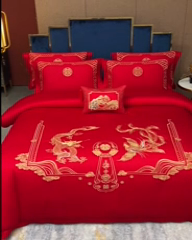 91家纺网 家纺一手货源 找家纺 晶缦家纺 2024新款亲肤舒适棉刺绣花婚庆四件套系列 龙凤祥和-悦-绣花花边床单款