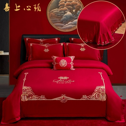 91家纺网 家纺一手货源 找家纺 晶缦家纺 2024新款亲肤舒适棉刺绣花婚庆四件套系列 喜上心头-绣花花边床单款