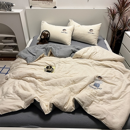 眠帛家居 2024新款水洗棉色织提花刺绣夏被四件套-艾伦系列 艾伦-奶杏