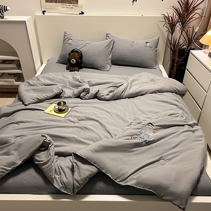 眠帛家居 2024新款水洗棉色织提花刺绣夏被四件套-艾伦系列 艾伦-雾灰