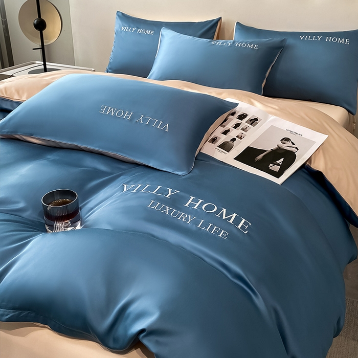 91家纺网 家纺一手货源 找家纺 眠帛家居 2024新款水洗真丝绣花四件套-惟丽系列 宾利蓝-奶茶