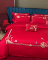 91家纺网 家纺一手货源 找家纺 晶缦家纺 2024新款亲肤舒适棉刺绣花婚庆四件套系列 麒麟送子-悦-绣花花边床单款