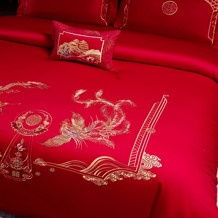 91家纺网 家纺一手货源 找家纺 晶缦家纺 2024新款亲肤舒适棉刺绣花婚庆四件套系列 龙凤祥和-悦-绣花花边床单款