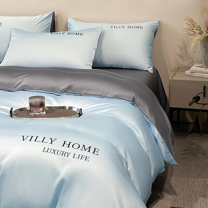 91家纺网 家纺一手货源 找家纺 眠帛家居 2024新款水洗真丝绣花四件套-惟丽系列 天空蓝-经典灰