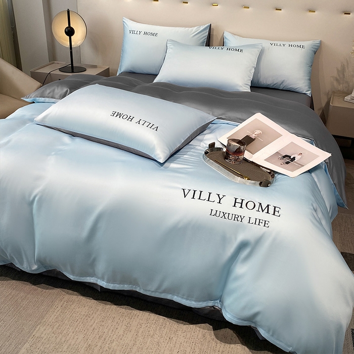 91家纺网 家纺一手货源 找家纺 眠帛家居 2024新款水洗真丝绣花四件套-惟丽系列 天空蓝-经典灰