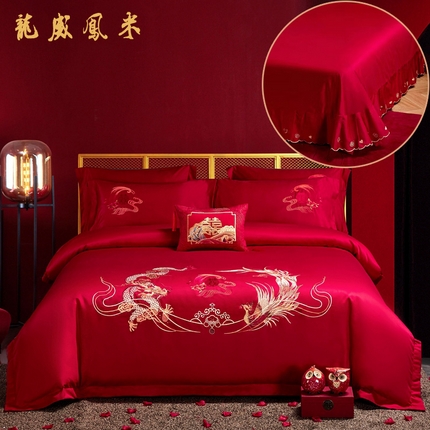 91家纺网 家纺一手货源 找家纺 晶缦家纺 2024新款亲肤舒适棉刺绣花婚庆四件套系列 龙威凤采-绣花花边床单款