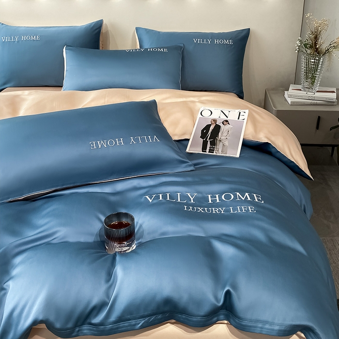 91家纺网 家纺一手货源 找家纺 眠帛家居 2024新款水洗真丝绣花四件套-惟丽系列 宾利蓝-奶茶