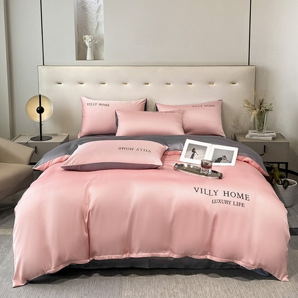 眠帛家居 2024新款水洗真丝绣花四件套-惟丽系列 藕粉-经典灰