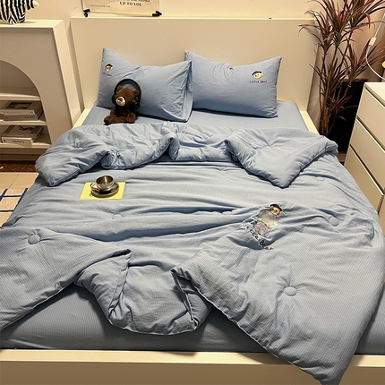 眠帛家居 2024新款水洗棉色织提花刺绣夏被四件套-艾伦系列 艾伦-晴山蓝