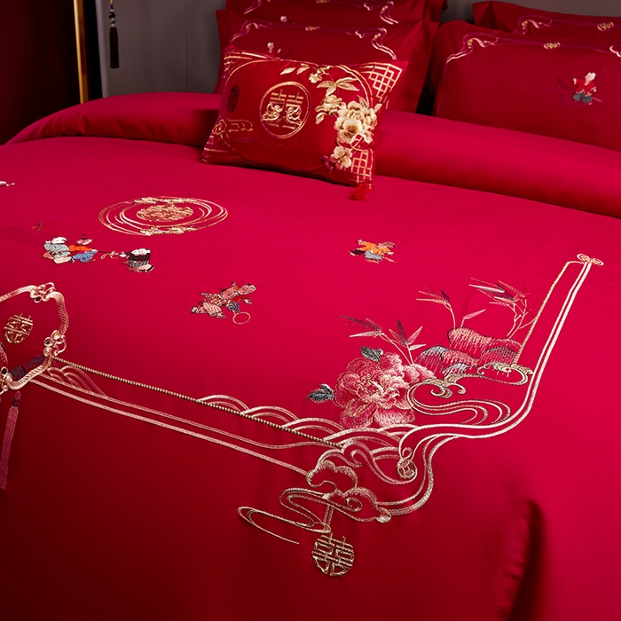 91家纺网 家纺一手货源 找家纺 晶缦家纺 2024新款亲肤舒适棉刺绣花婚庆四件套系列 百子迎亲-绣花花边床单款