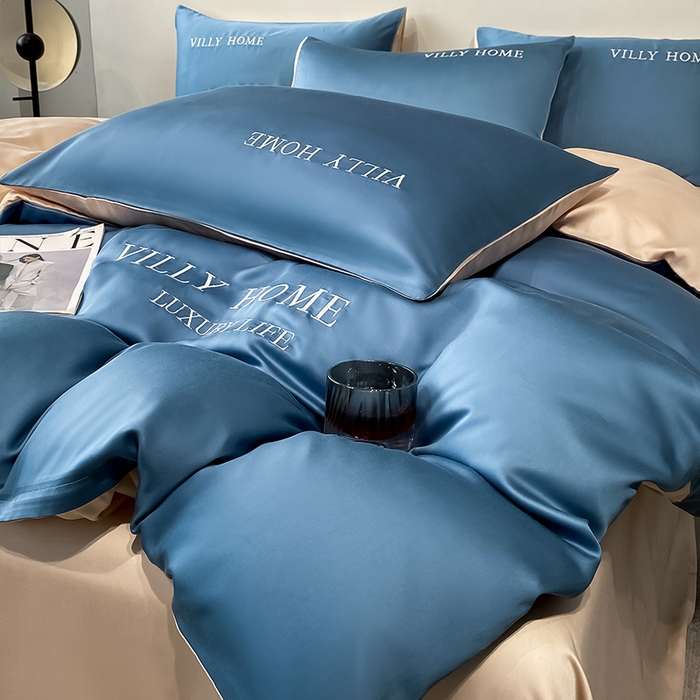 91家纺网 家纺一手货源 找家纺 眠帛家居 2024新款水洗真丝绣花四件套-惟丽系列 宾利蓝-奶茶