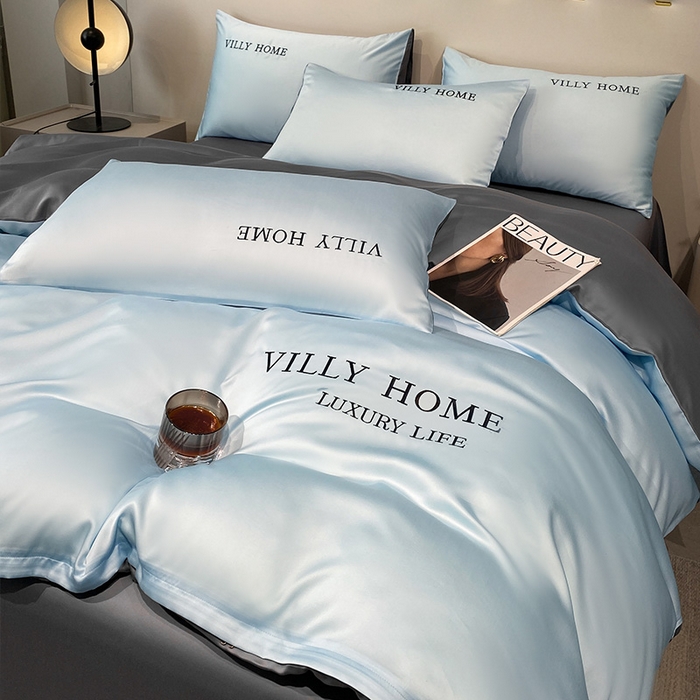 91家纺网 家纺一手货源 找家纺 眠帛家居 2024新款水洗真丝绣花四件套-惟丽系列 天空蓝-经典灰