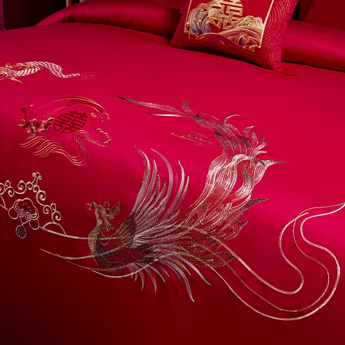 91家纺网 家纺一手货源 找家纺 晶缦家纺 2024新款亲肤舒适棉刺绣花婚庆四件套系列 龙威凤采-绣花花边床单款