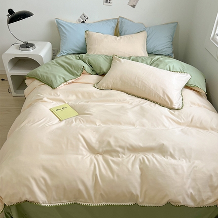 眠帛 2024新款水洗棉贝壳边四件套奶昔白-果绿