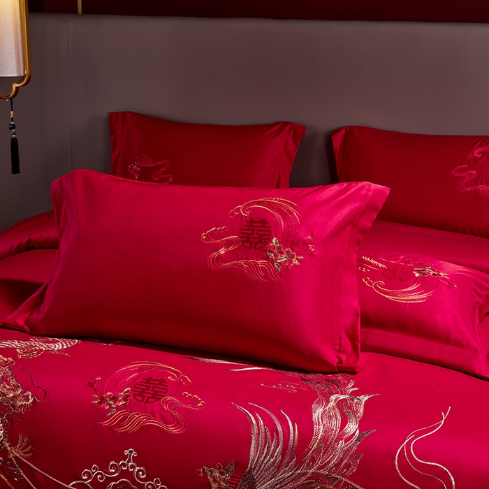 91家纺网 家纺一手货源 找家纺 晶缦家纺 2024新款亲肤舒适棉刺绣花婚庆四件套系列 龙威凤采-绣花花边床单款