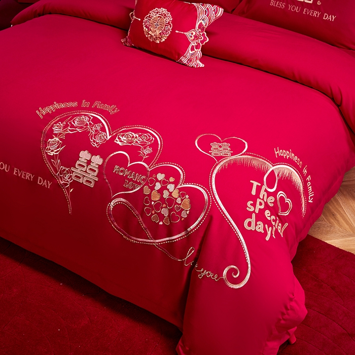 91家纺网 家纺一手货源 找家纺 晶缦家纺 2024新款亲肤舒适棉刺绣花婚庆四件套系列 永结同心-悦-绣花花边床单款