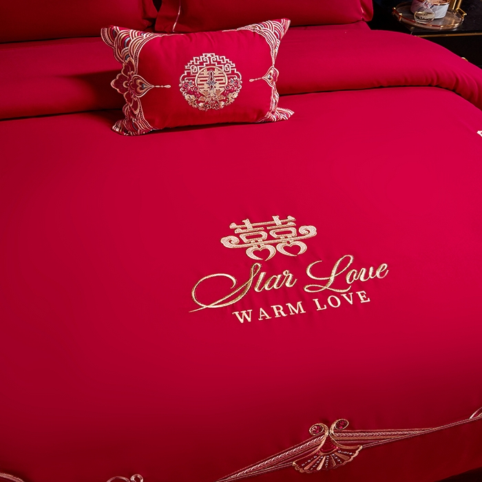 91家纺网 家纺一手货源 找家纺 晶缦家纺 2024新款亲肤舒适棉刺绣花婚庆四件套系列 喜上心头-绣花花边床单款