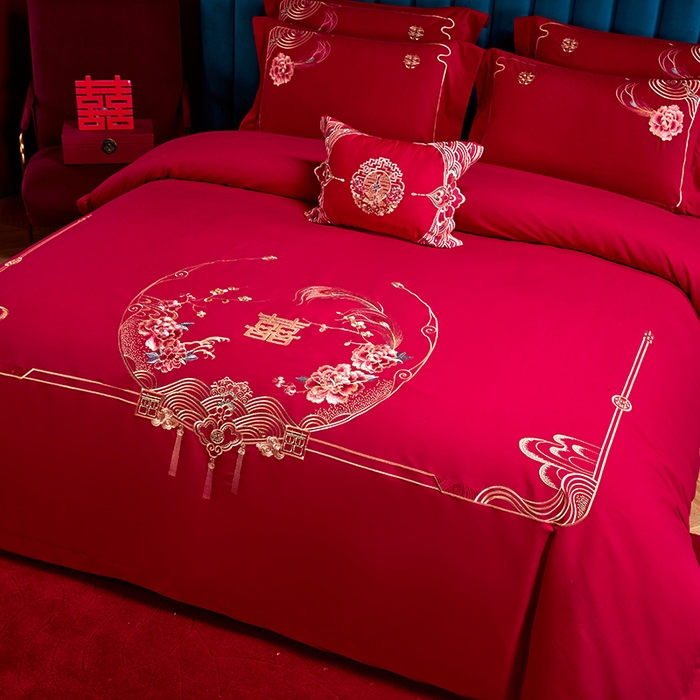 91家纺网 家纺一手货源 找家纺 晶缦家纺 2024新款亲肤舒适棉刺绣花婚庆四件套系列 缘来是你-悦-绣花花边床单款