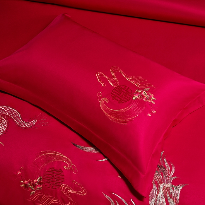 91家纺网 家纺一手货源 找家纺 晶缦家纺 2024新款亲肤舒适棉刺绣花婚庆四件套系列 龙威凤采-绣花花边床单款