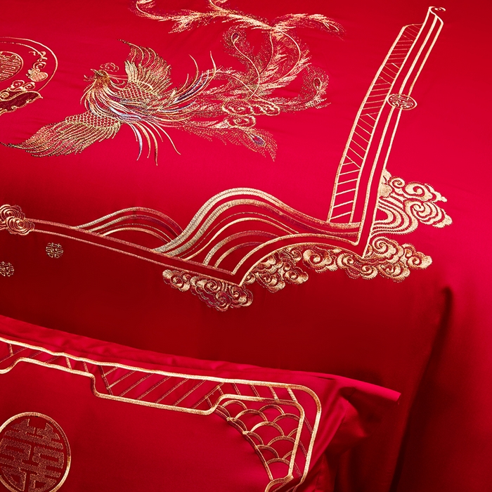 91家纺网 家纺一手货源 找家纺 晶缦家纺 2024新款亲肤舒适棉刺绣花婚庆四件套系列 龙凤祥和-悦-绣花花边床单款